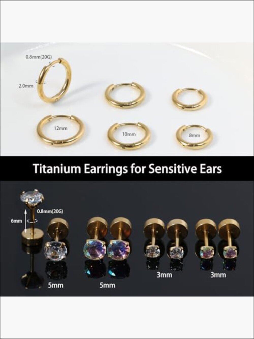 Hypoallergenic Titanium Earrings Set - 7 Pairs Flat Back Studs & Hoops for - Picture 2 of 7